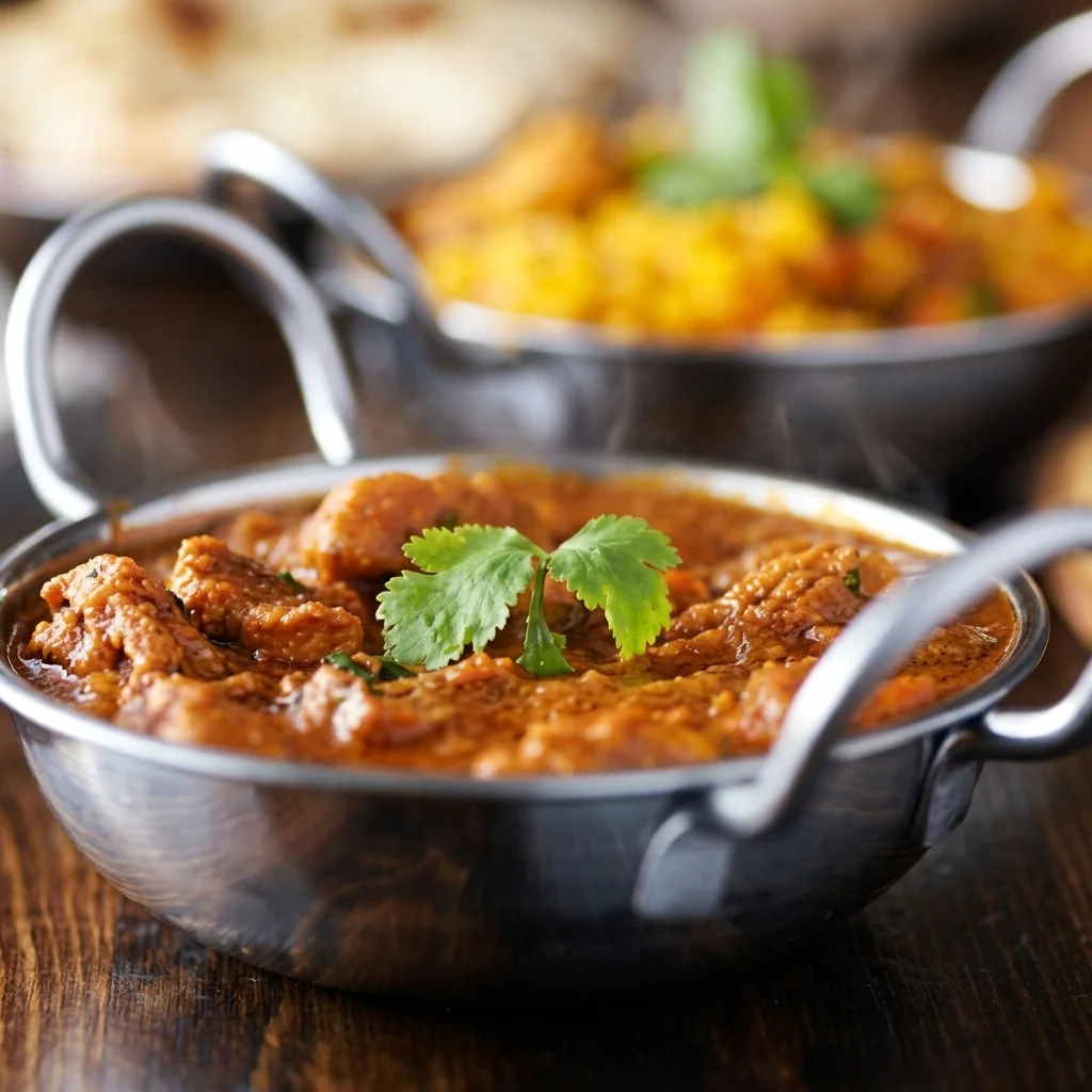 Kashmiri chicken in a rich red curry sauce, packed for takeout from Shehnai Restaurant