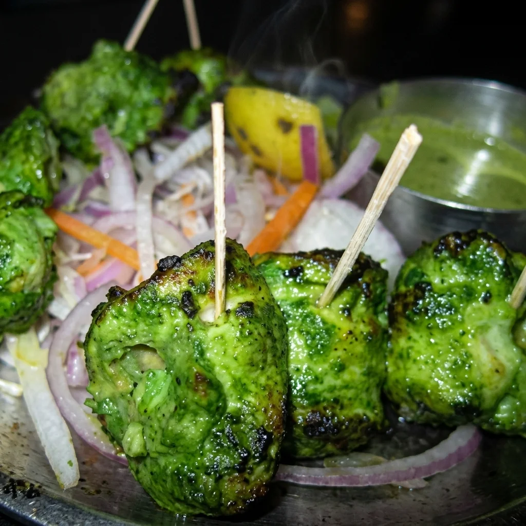 Chilli chicken in a glossy red sauce with fresh salad at Shehnai Restaurant