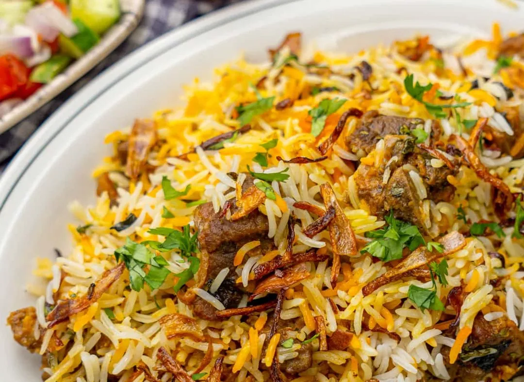 Biryani with saffron basmati rice, tender meat and crispy fried onions at Shehnai Indian restaurant, Hamilton