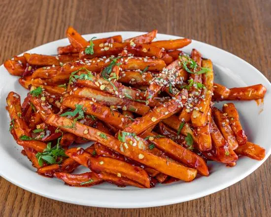 Crispy honey chilli fries with sesame seeds and fresh coriander at Shehnai Restaurant on Main Street West, Hamilton